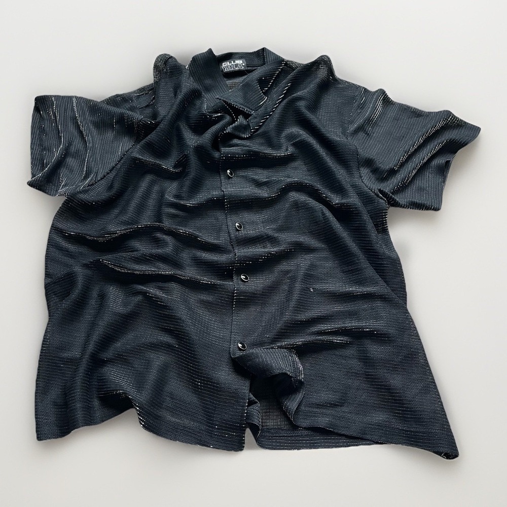 VTG YMLA Shirt Men XL‎ Party Rave Festival Club Disco Sheer Metallic Black - Picture 4 of 12